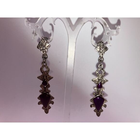 Purple Silver-Tone Art Nouveau Marcasite Drop 2.5" Earrings! - Picture 4 of 12